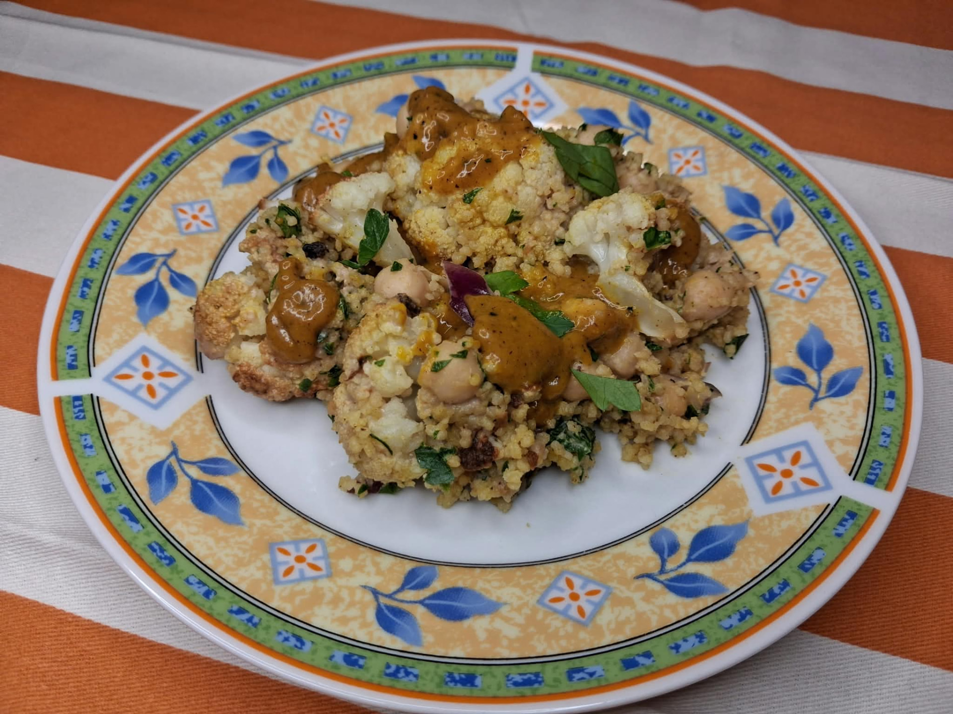 Roast cauliflower salad with chickpeas, herbs and tahini dressing