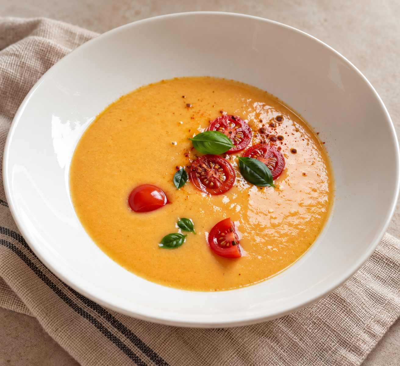 Chilled gazpacho in a white bowl with cherry tomatoes and basil